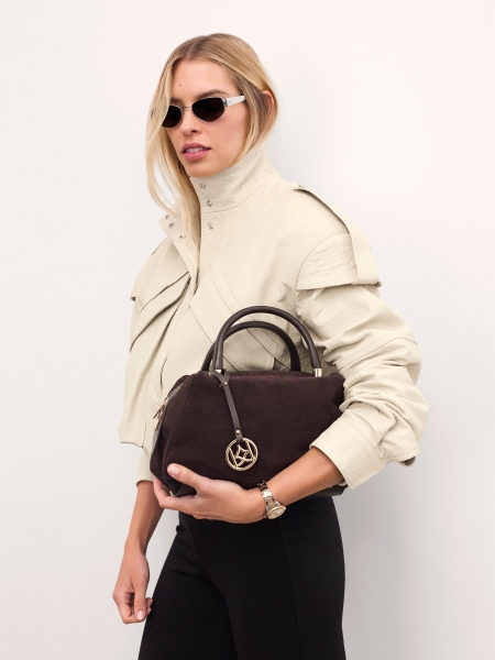 Sac à main en daim marron et cuir véritable avec porte-clés WENNY