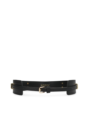 Ceinture deux pièces en cuir noir avec boucle dorée