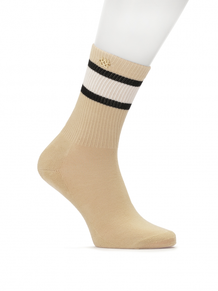Chaussettes en coton beige ornées d'un monogramme doré TANEY
