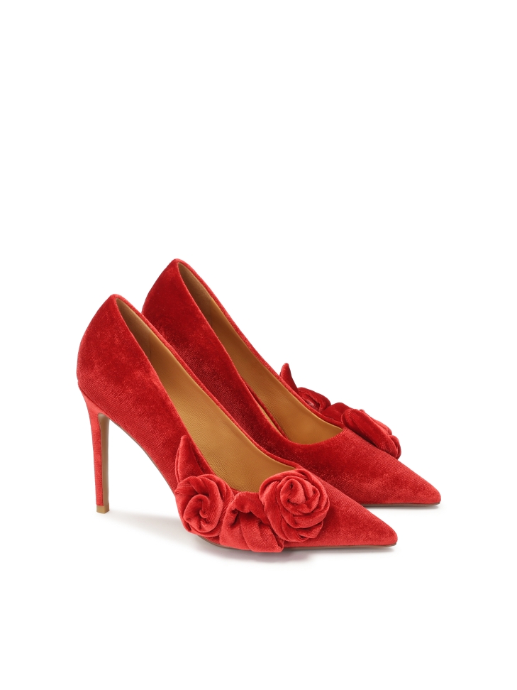Escarpins en tissu rouge avec fleurs en 3D MARISOL