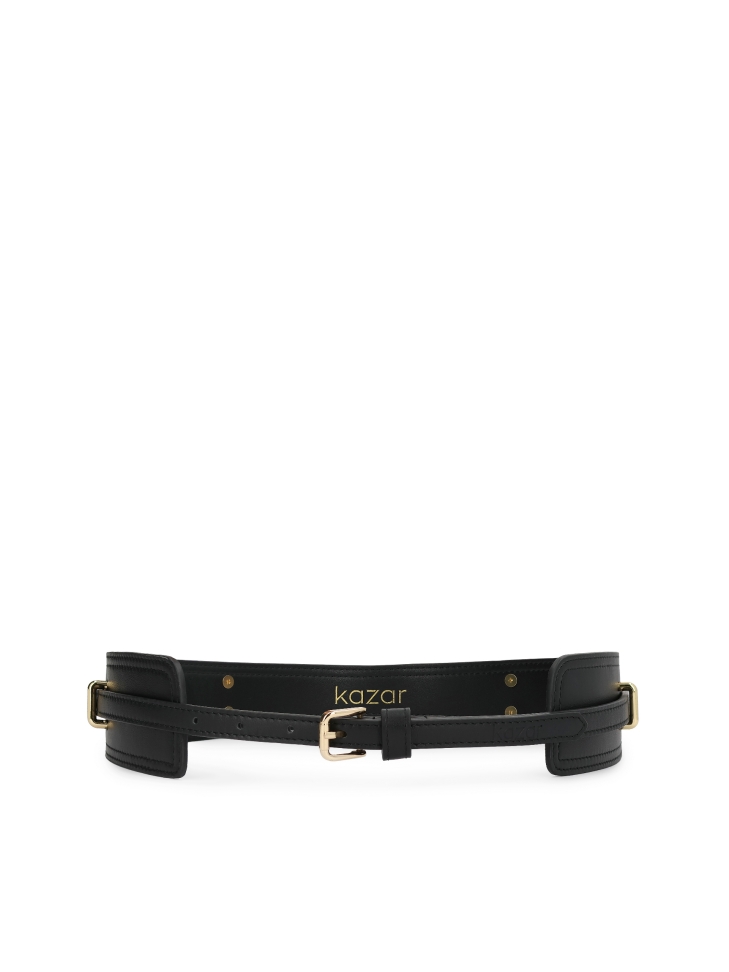 Ceinture deux pièces en cuir noir avec boucle dorée HARIET