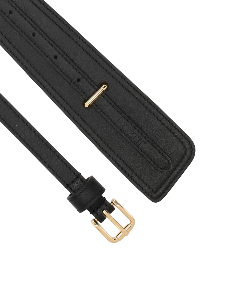 Ceinture deux pièces en cuir noir avec boucle dorée HARIET