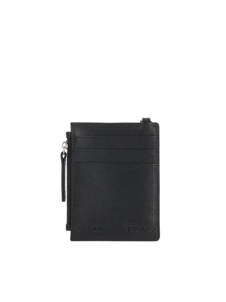 Porte-cartes en cuir noir avec sangle amovible et pochette zippée KS CHARENTE