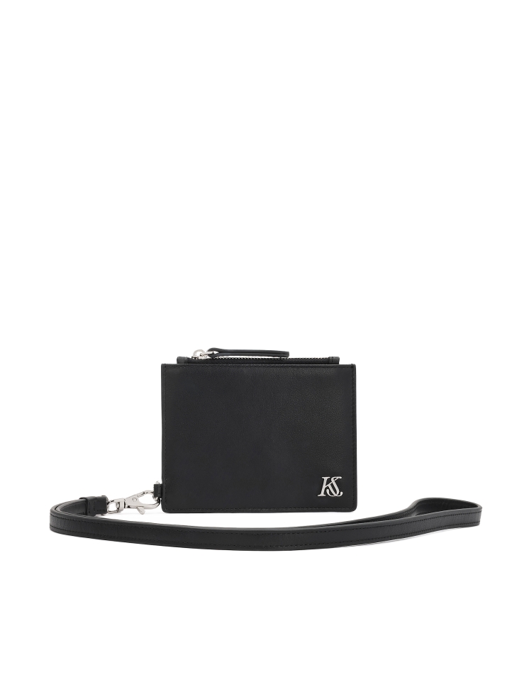 Porte-cartes en cuir noir avec sangle amovible et pochette zippée KS CHARENTE